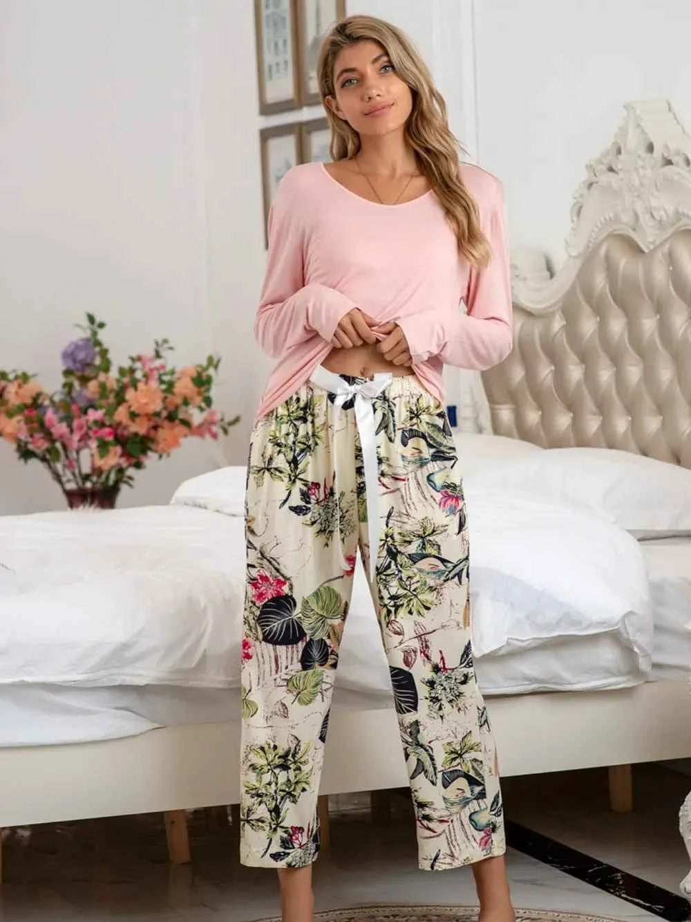 Round Neck Top & Printed Pants Lounge Set.