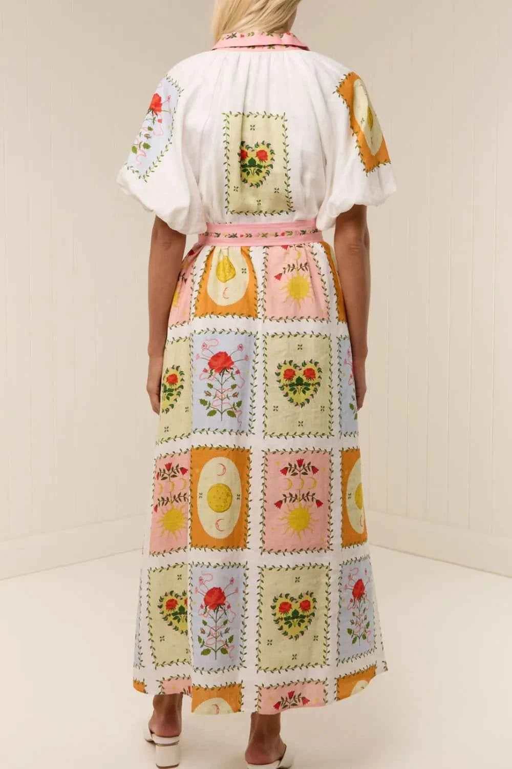 Printed Short Sleeve Belted Maxi Dress.