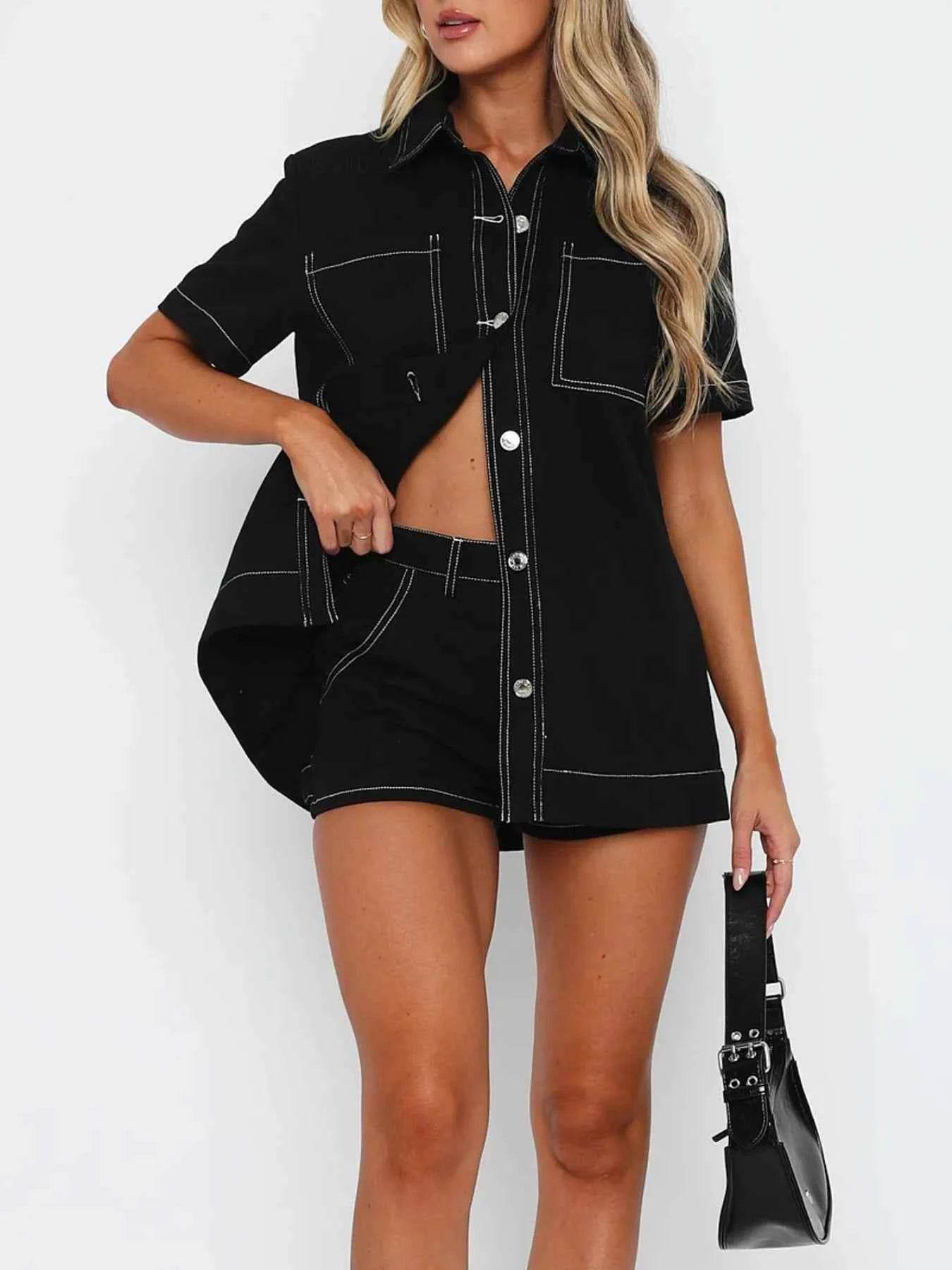 Button Up Denim Set: Short Sleeve Top and Shorts for Effortless Style - EBYNN