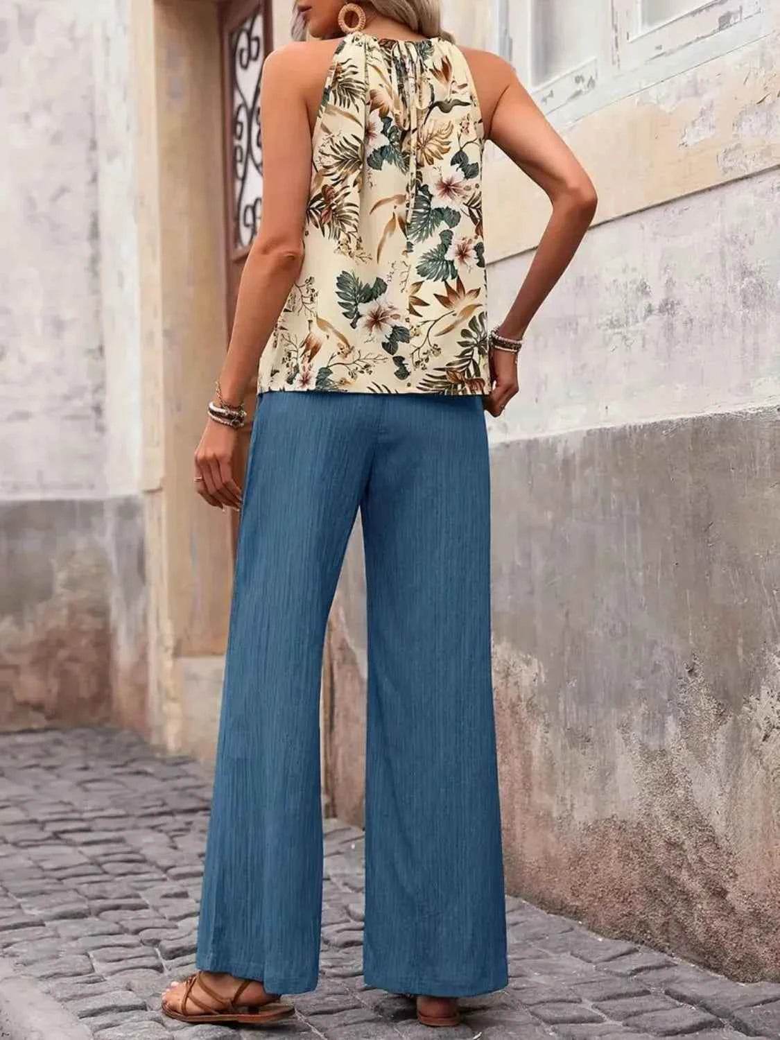 Printed Tank Top and Wide Leg Pants Set for Effortless Style - EBYNN