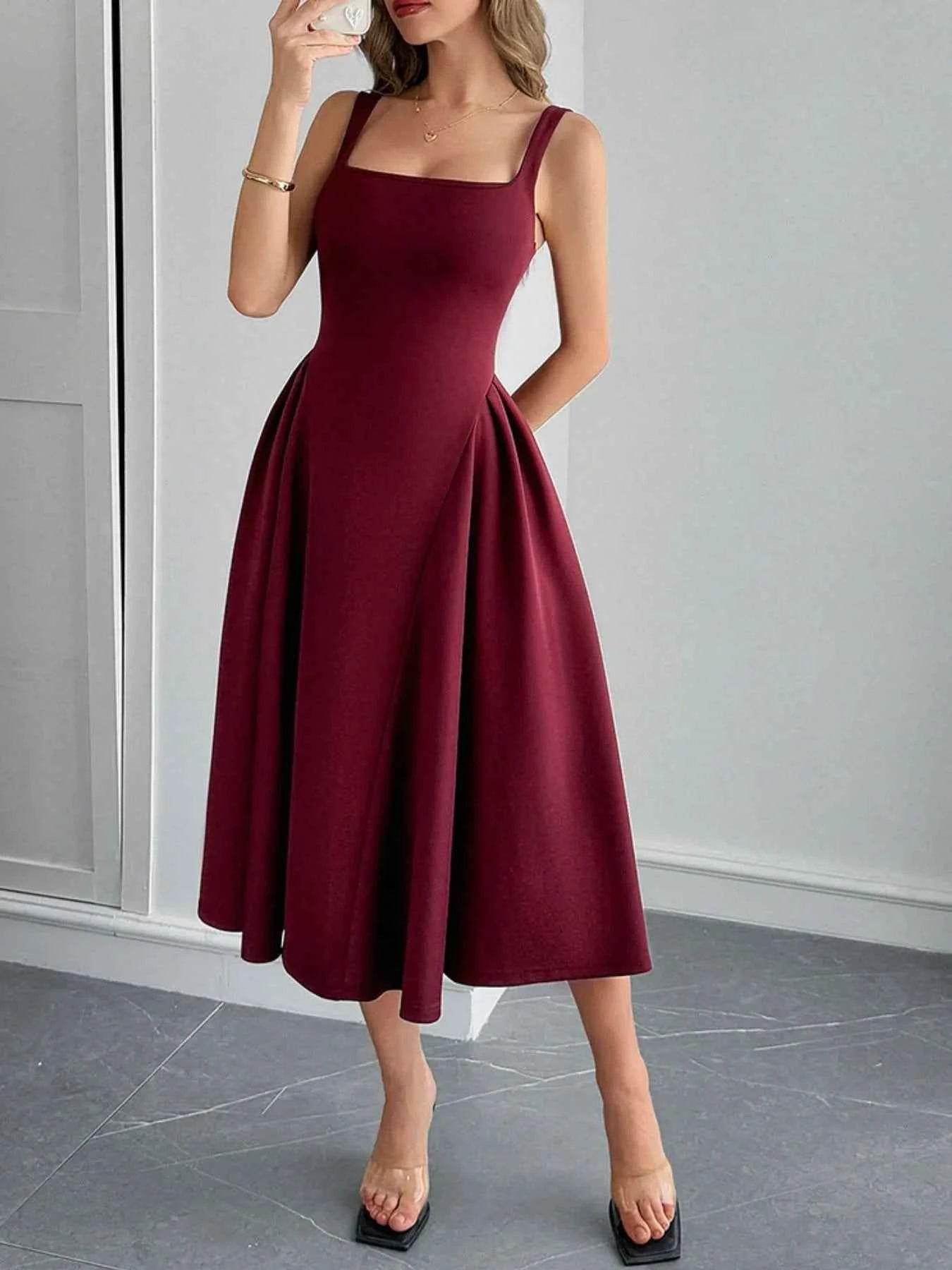 Square Neck Wide Strap Midi Dress.