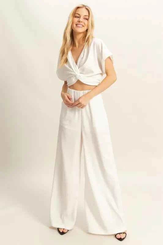 HYFVE Twisted Front Short Sleeve Top & Wide Leg Pants Set - EBYNN