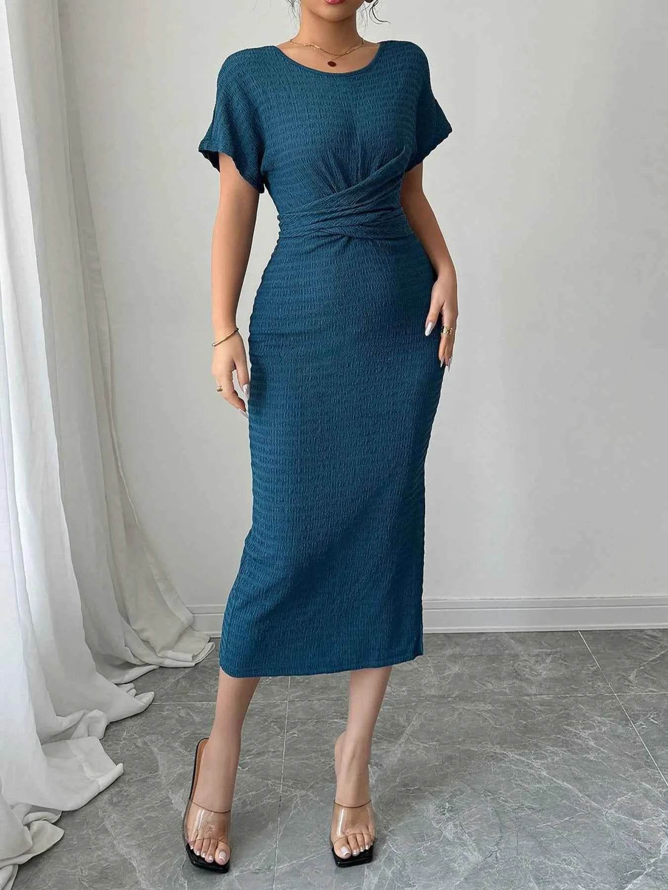 Ruched Waist Textured Midi Dress.