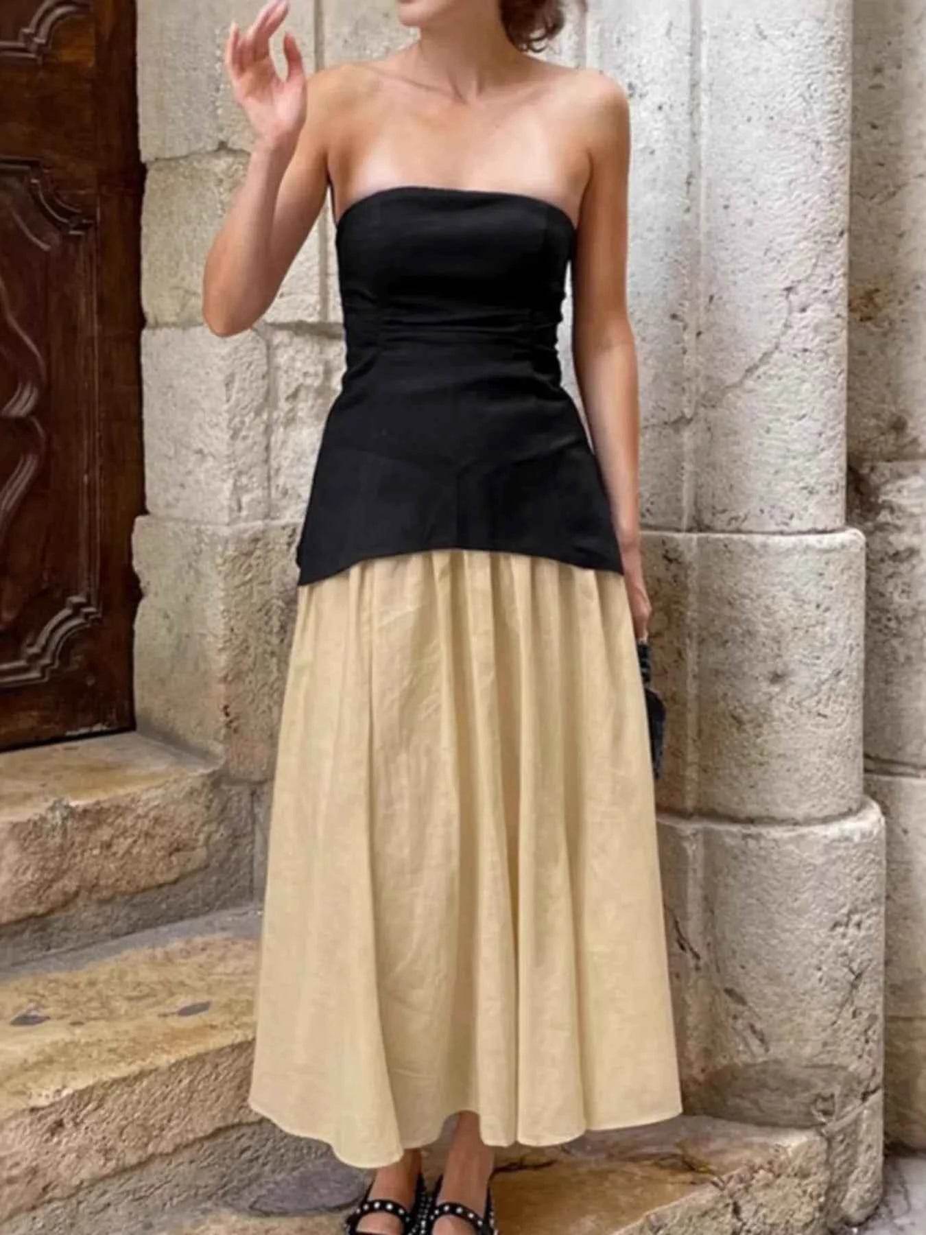 Back Zipper Tube Top Set with Midi Skirt for Effortless Style - EBYNN