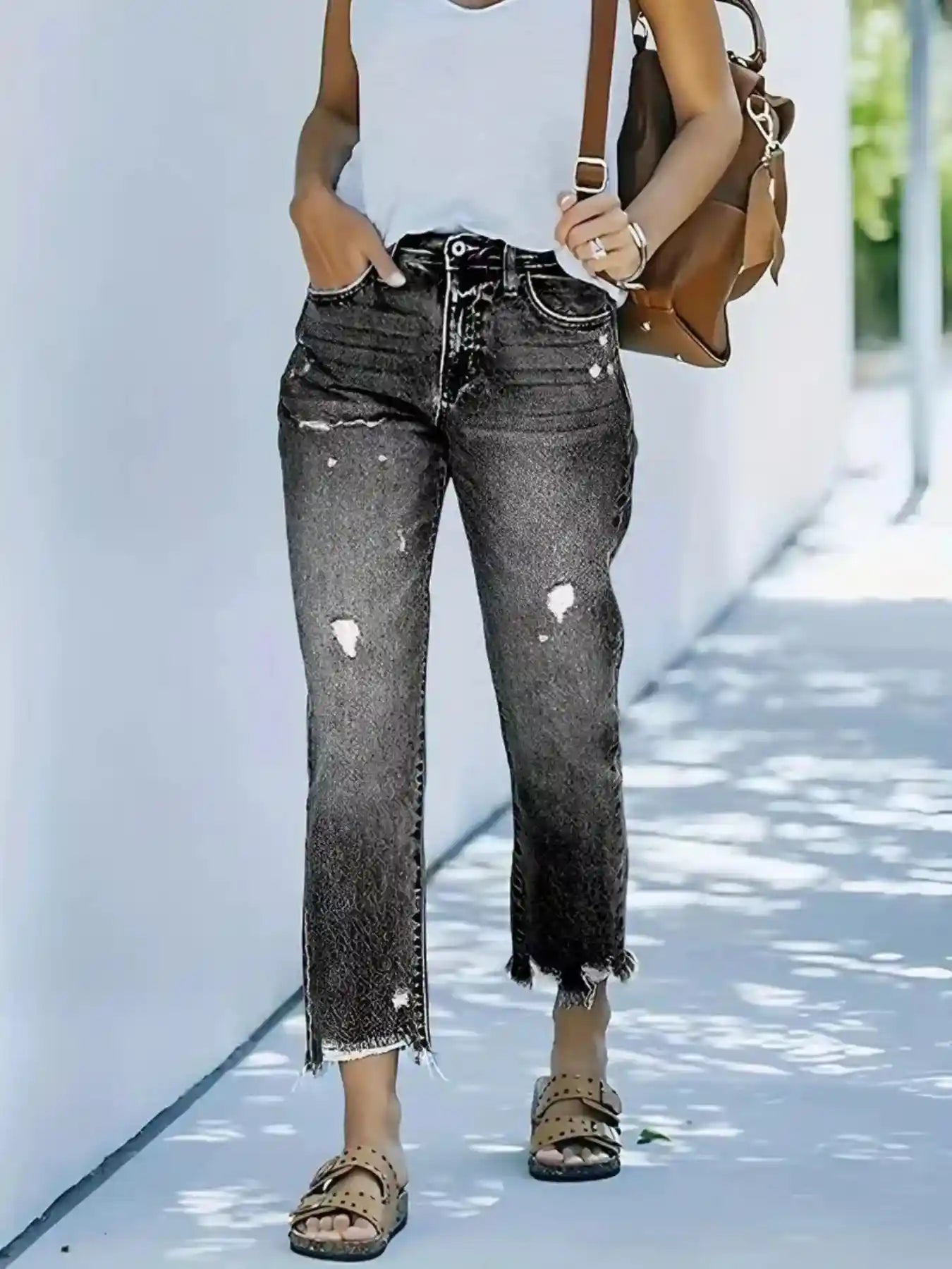 Distressed Straight Leg Jeans.