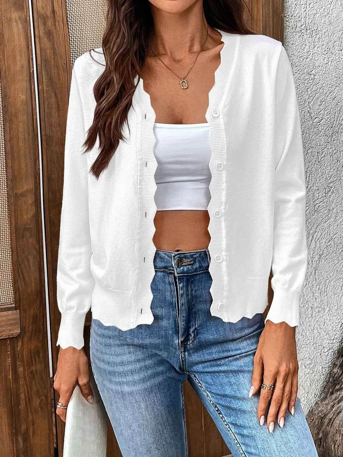 Ribbed Edge Button-Up Knit Cardigan.