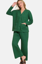 Zenana Quilted Button Up Long Sleeve Top & Pants Lounge Set.