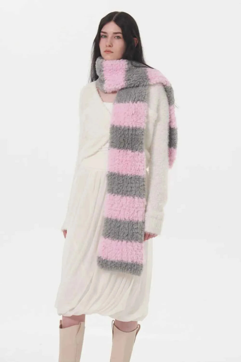 Fuzzy Contrast Striped Scarf.