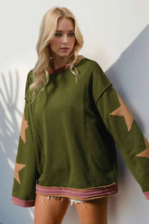 Double Take Star Patched Long Sleeve Sweatshirt.