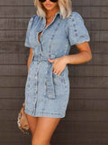 Button-Up Puff Sleeve Denim Shirt Dress.