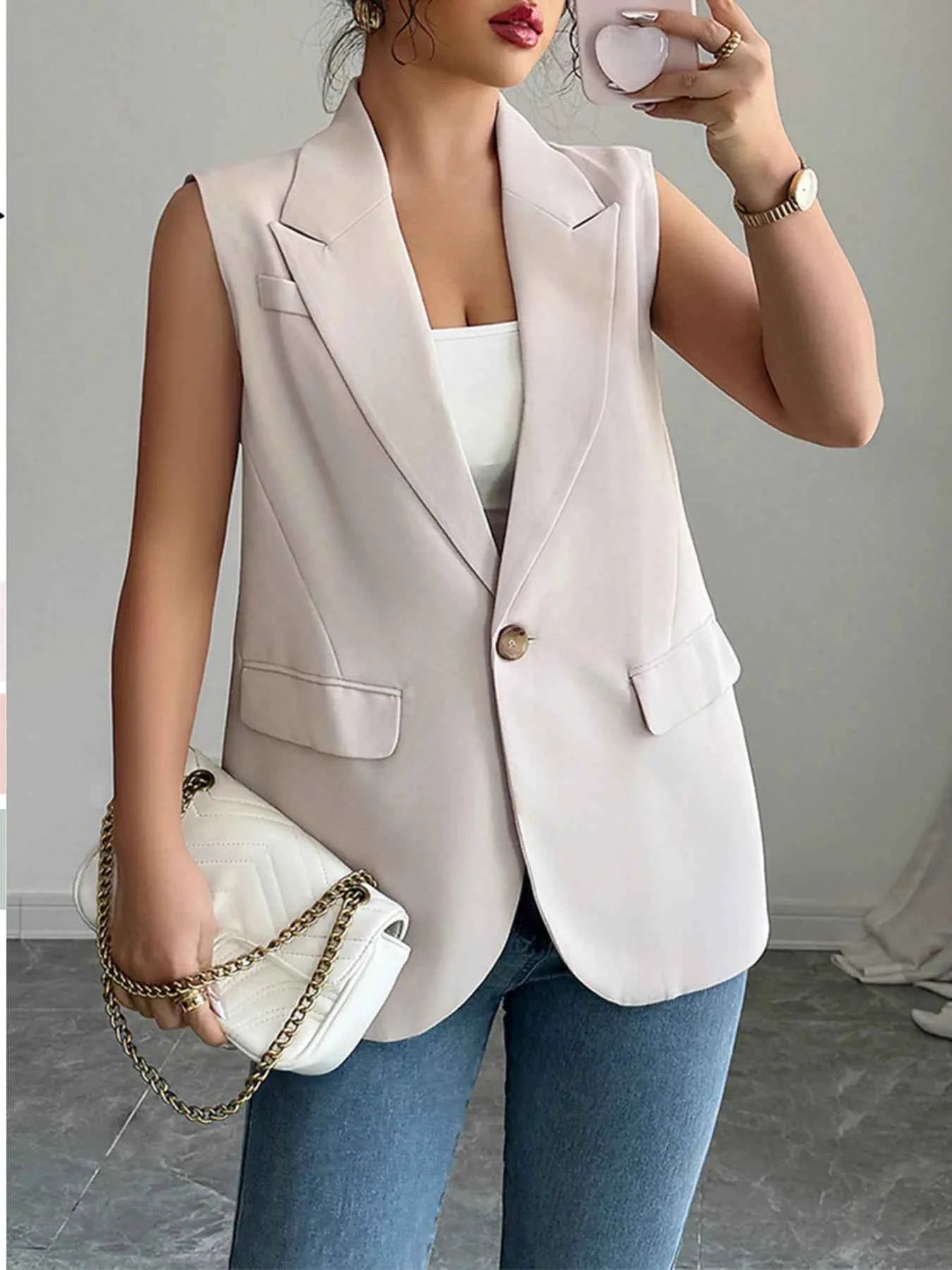 One Button V-Neck Blazer Vest Coat.