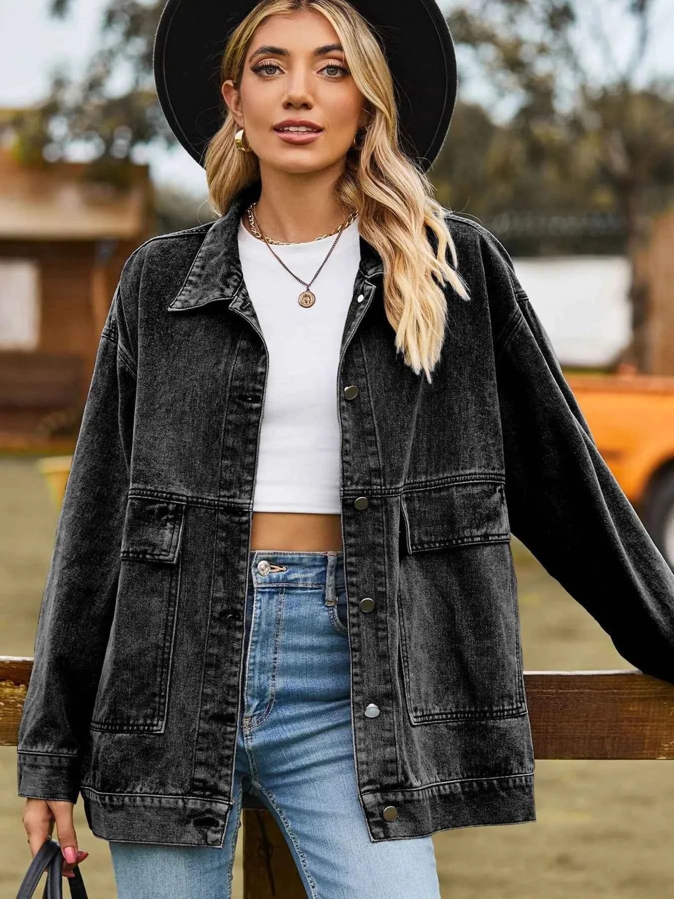 Oversized Button Up Denim Jacket with Hood.