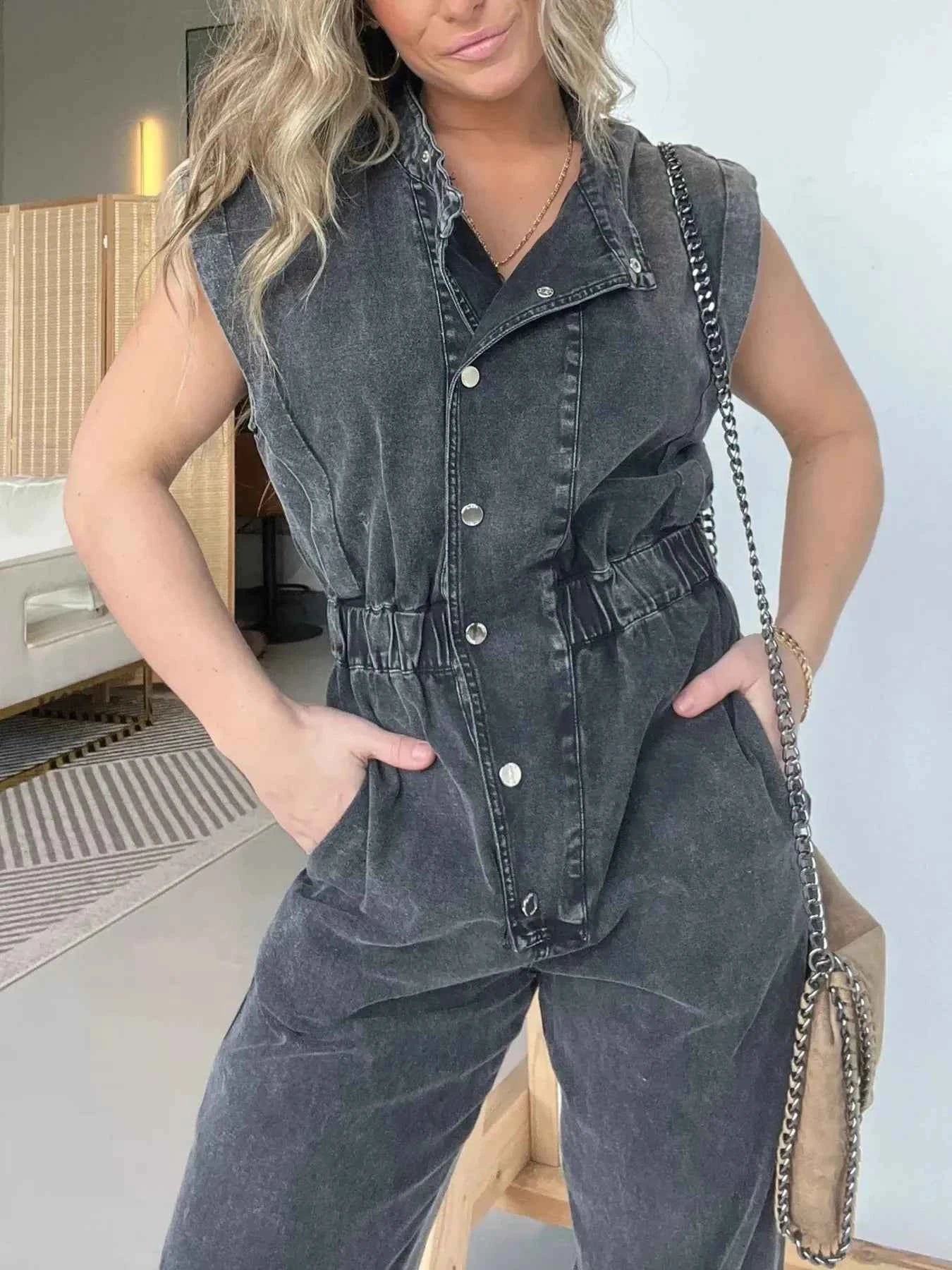 Plus Size Button Front Cap Sleeve Denim Jumpsuit.