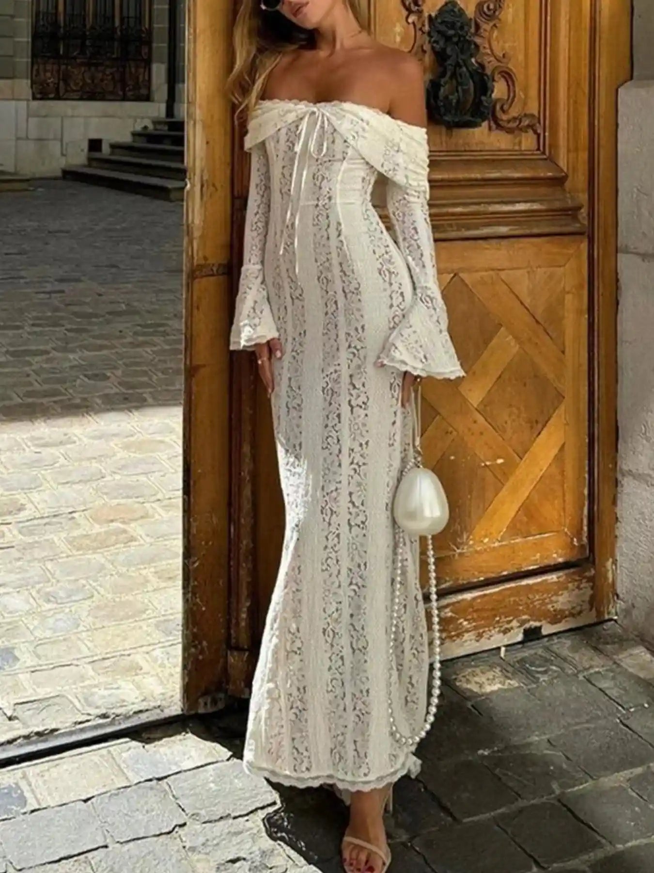 Lace Off-Shoulder Flounce Sleeve Maxi Dress.