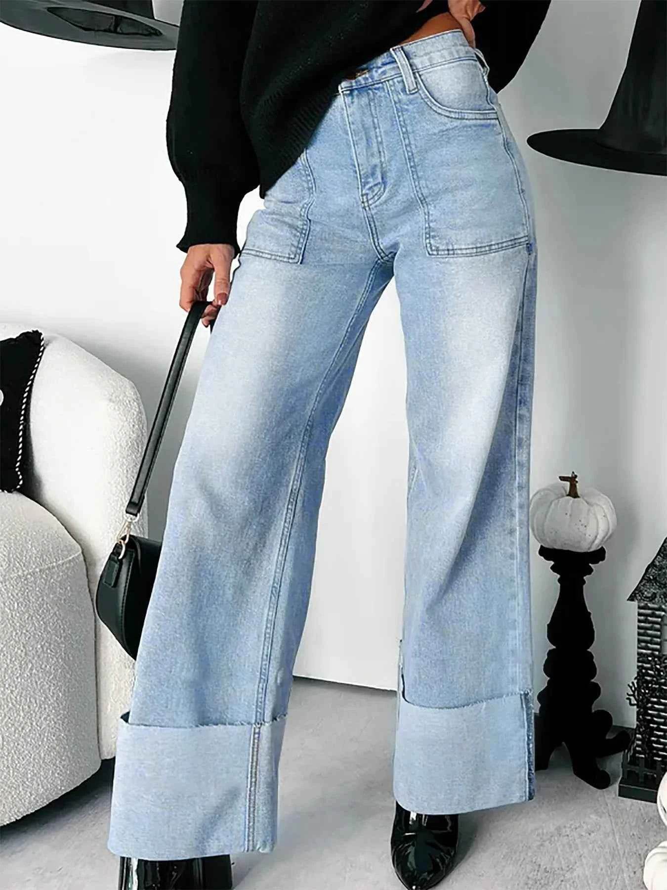 High-Waisted Wide-Leg Jeans with Cuffed Hem.