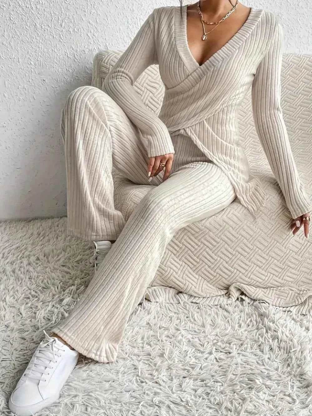 Surplice Long Sleeve Top and Pants Set - EBYNN