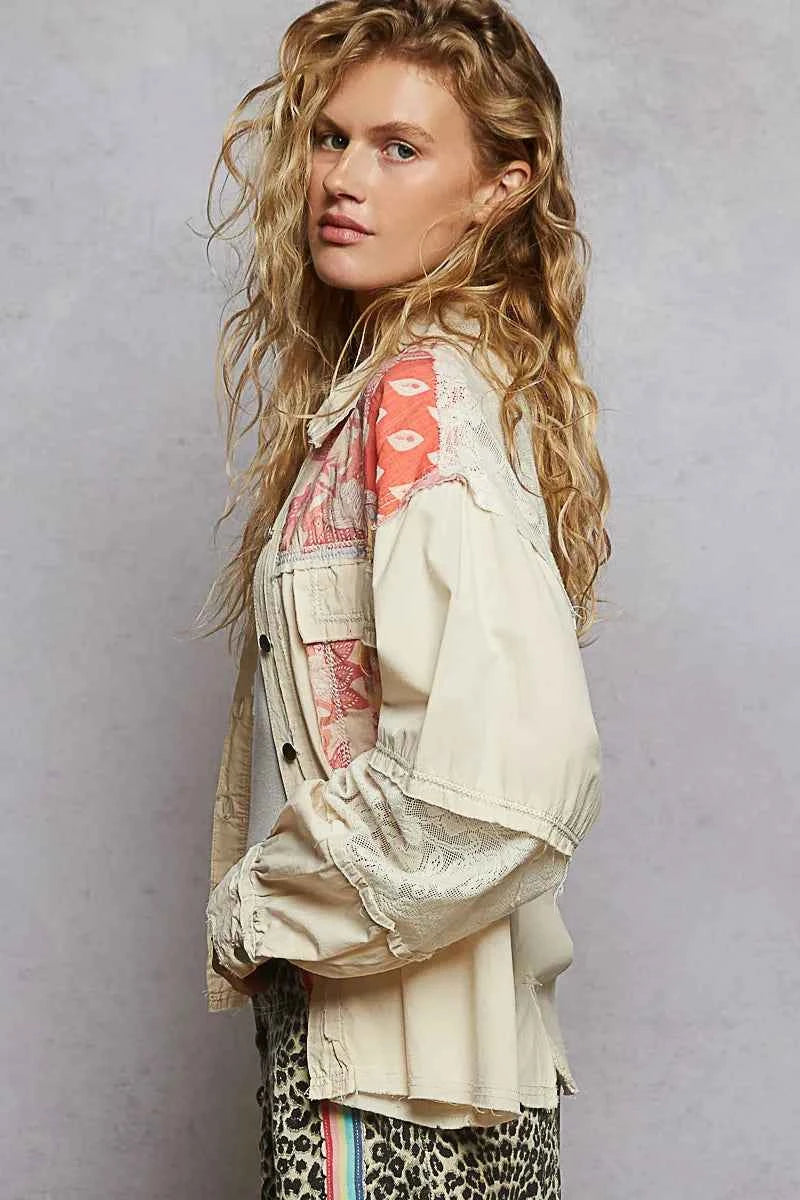 POL Printed Woven Mix Raw Hem Jacket with Lace Detail.
