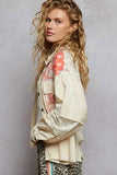 POL Printed Woven Mix Raw Hem Jacket with Lace Detail.