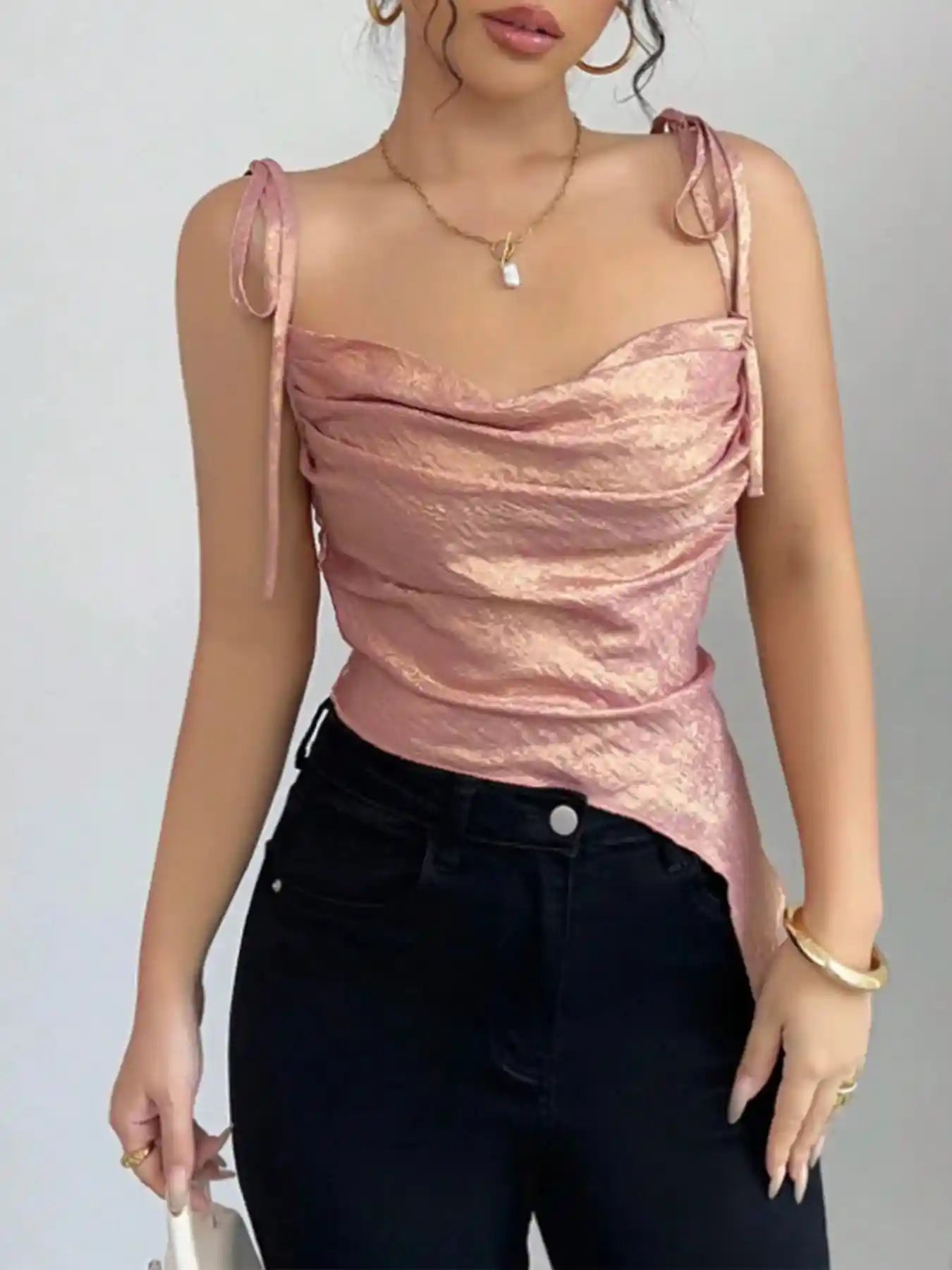 Tie Shoulder Cami Top with Ruched Detail.