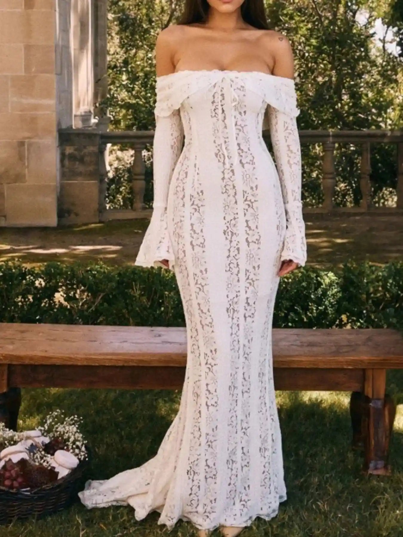 Lace Off-Shoulder Flounce Sleeve Maxi Dress.