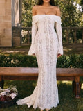 Lace Off-Shoulder Flounce Sleeve Maxi Dress.