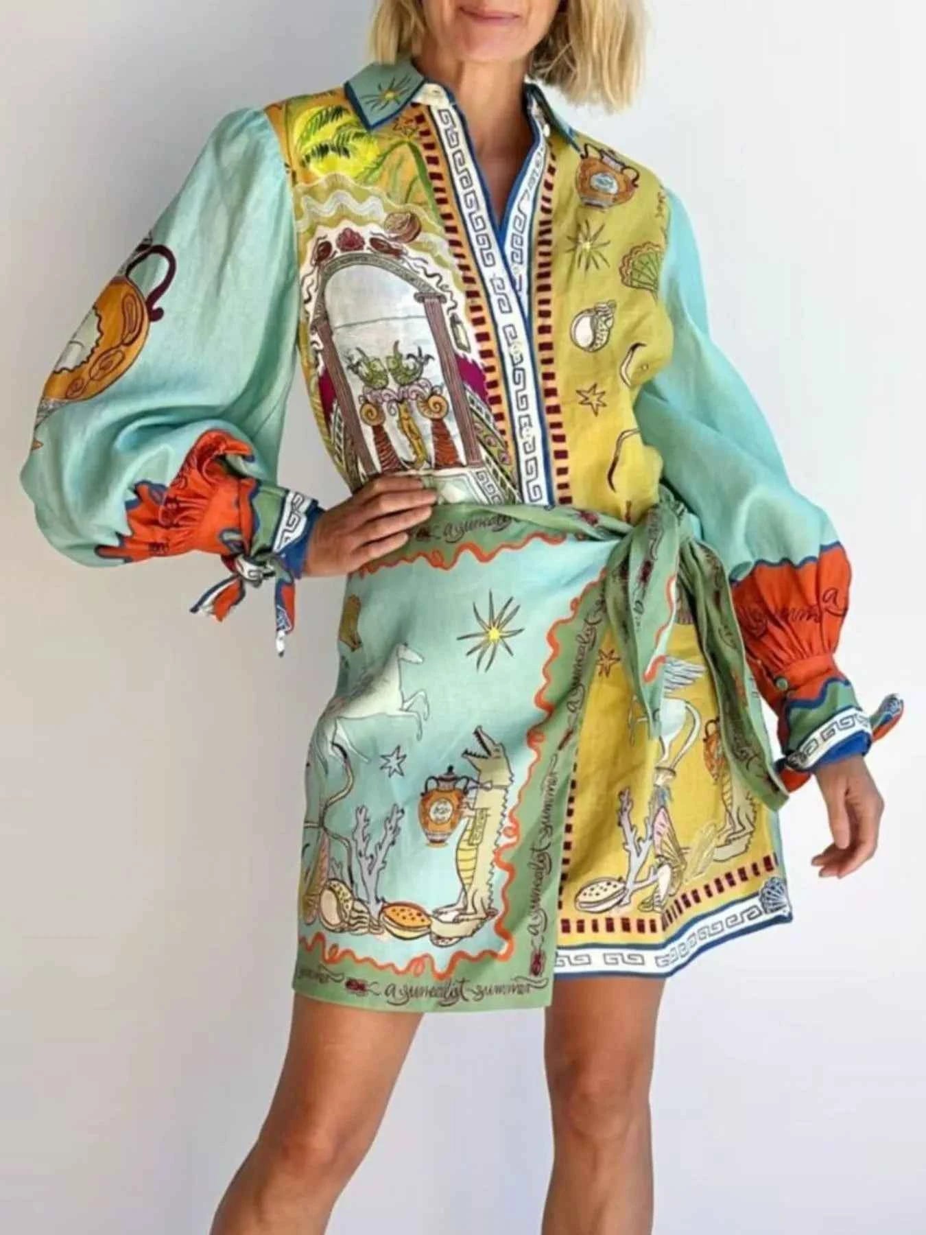 Printed Long Sleeve Shirt Dress.
