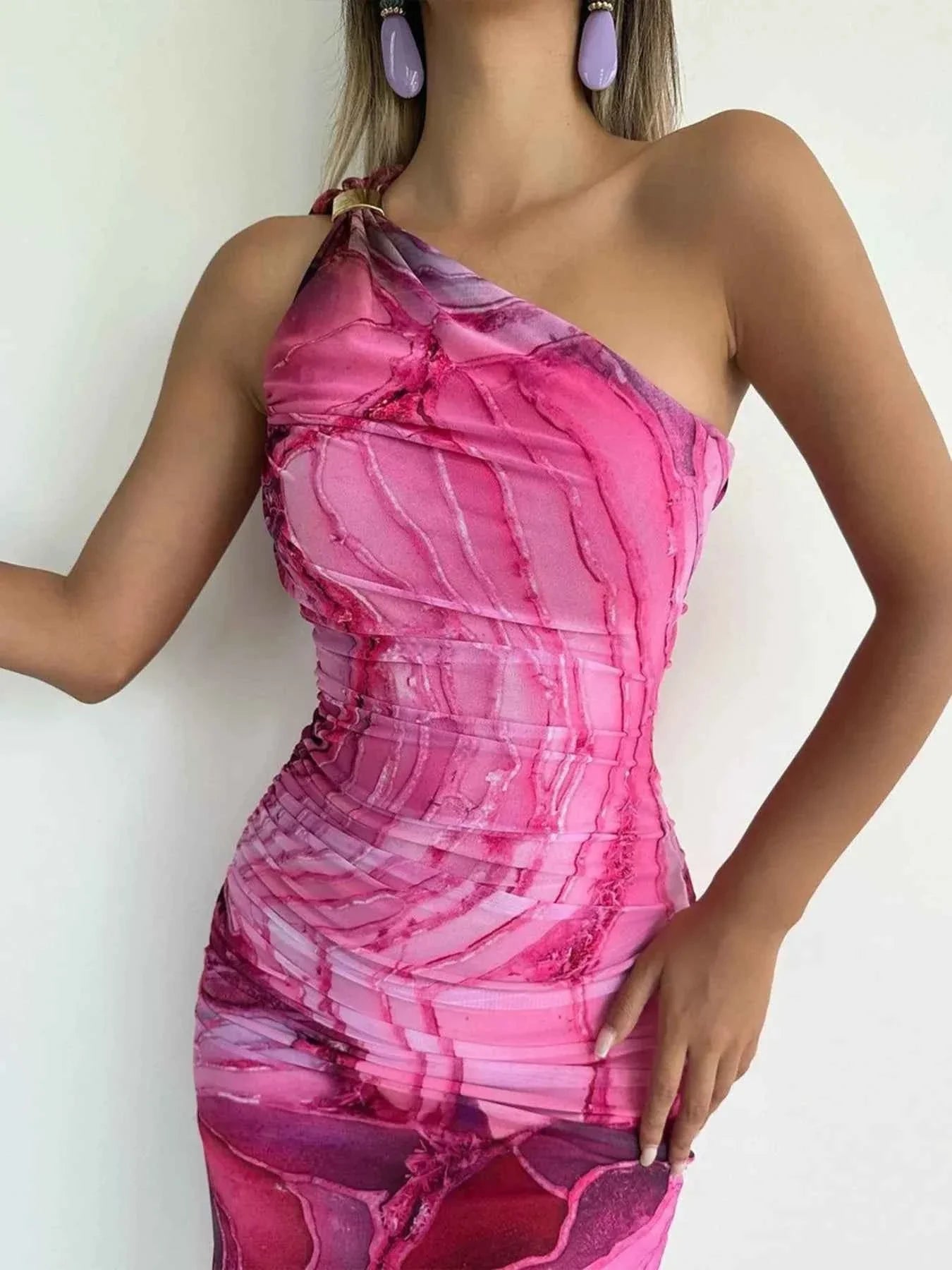One Shoulder Ruched Bodycon Maxi Dress.