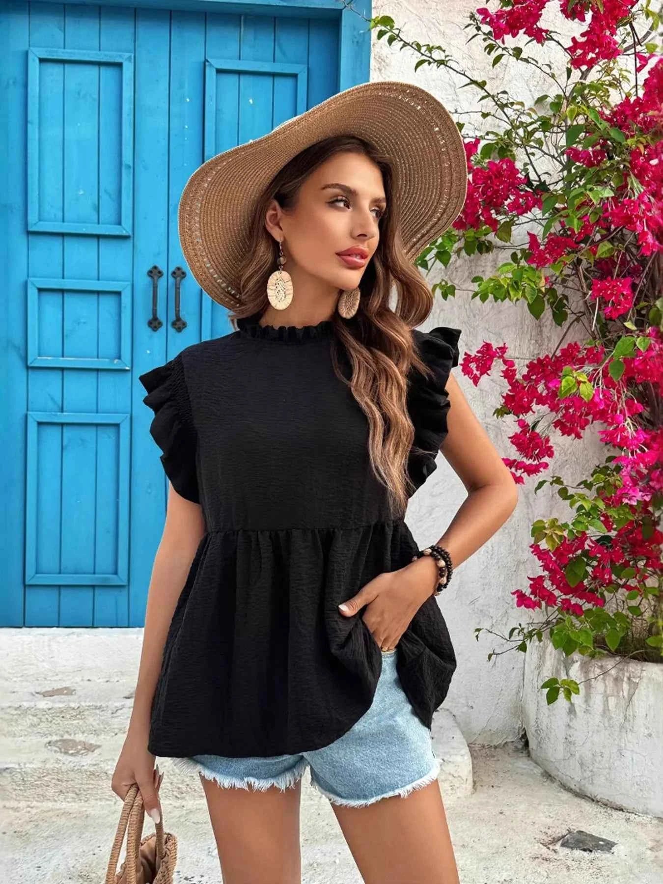 Ruffled Cap Sleeve Blouse.