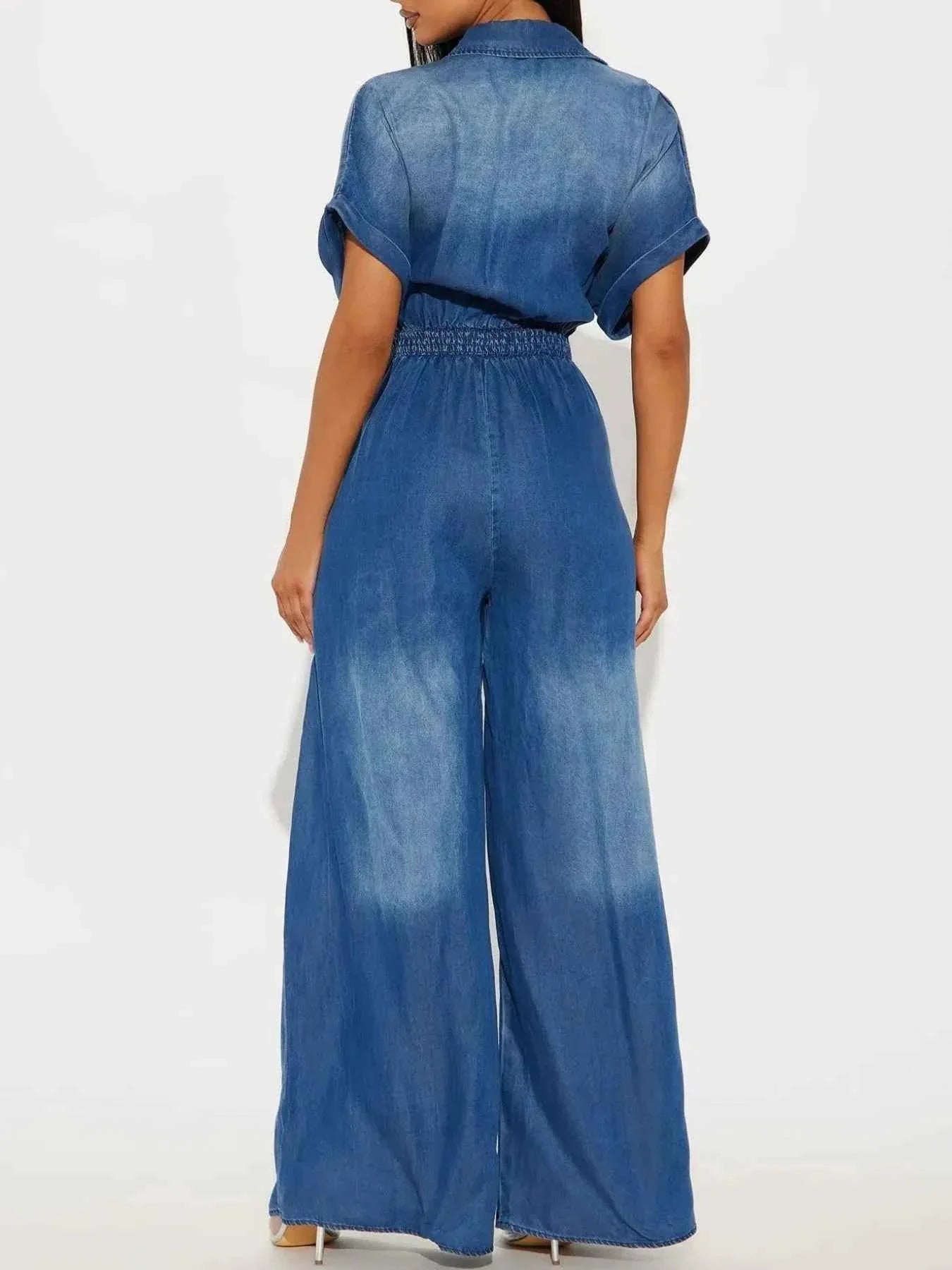 Button Front Wide Leg Denim Jumpsuit.
