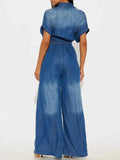 Button Front Wide Leg Denim Jumpsuit.