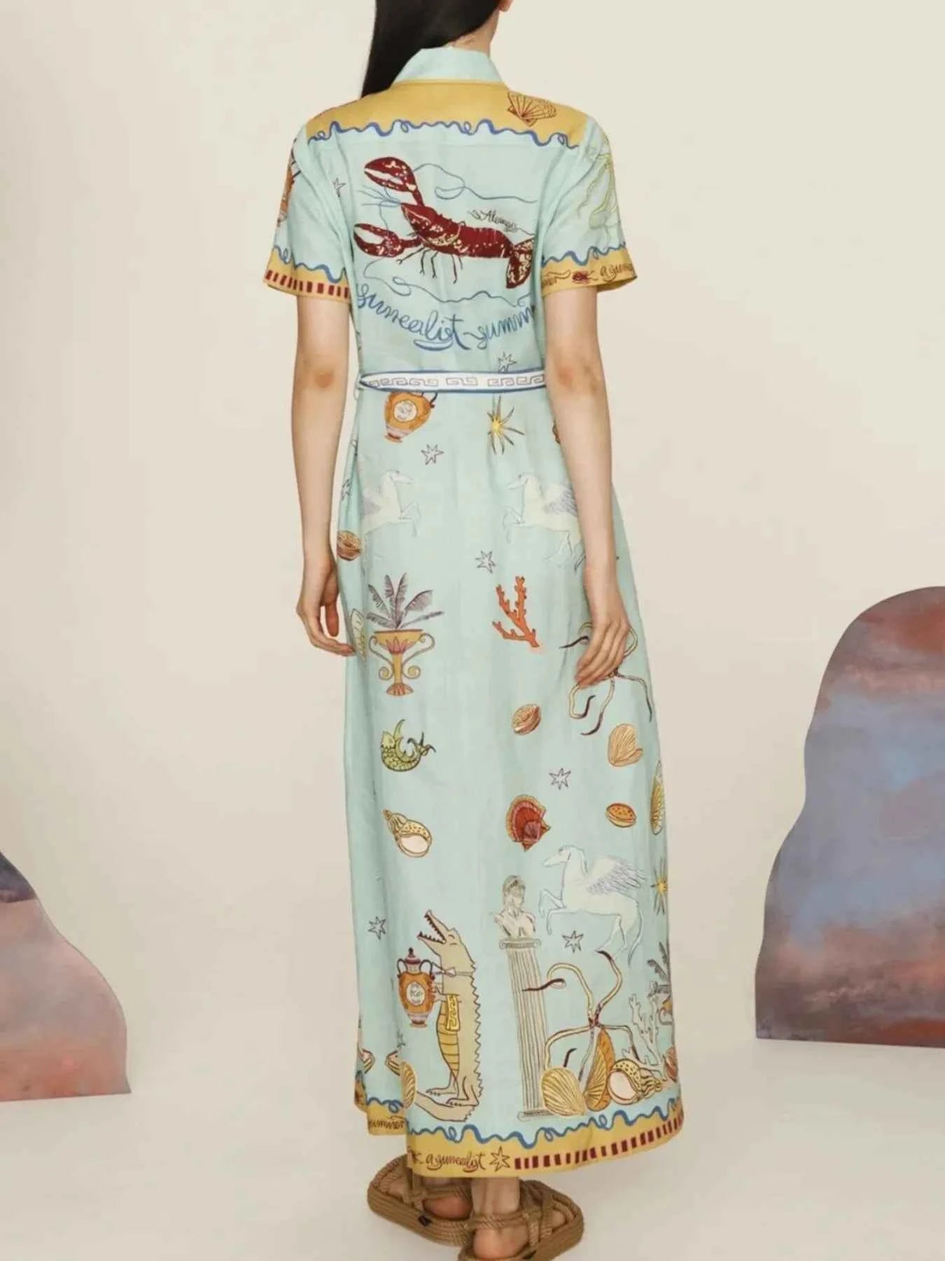 Printed Short Sleeve Maxi Shirt Dress with Belt.