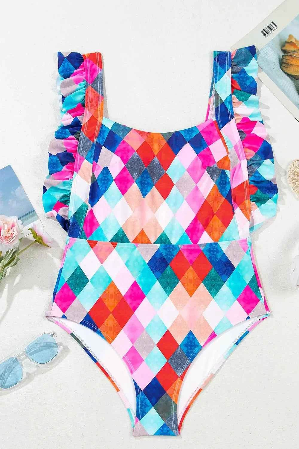 Multicolor Plaid Print Backless One-Piece Swimwear.