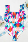 Multicolor Plaid Print Backless One-Piece Swimwear.
