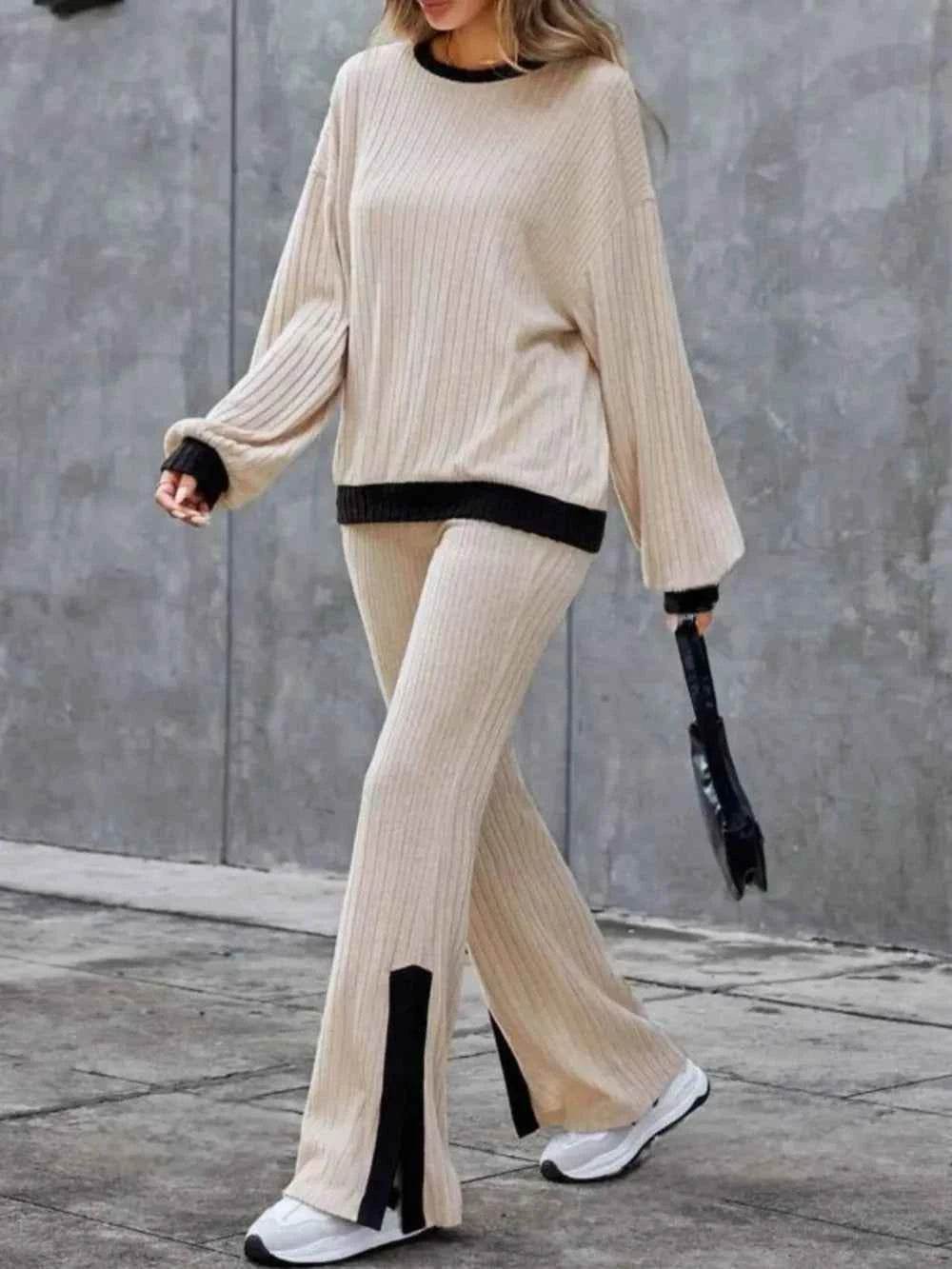 Contrast Round Neck Long Sleeve Top & Bootcut Pants Set.