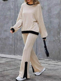 Contrast Round Neck Long Sleeve Top & Bootcut Pants Set.
