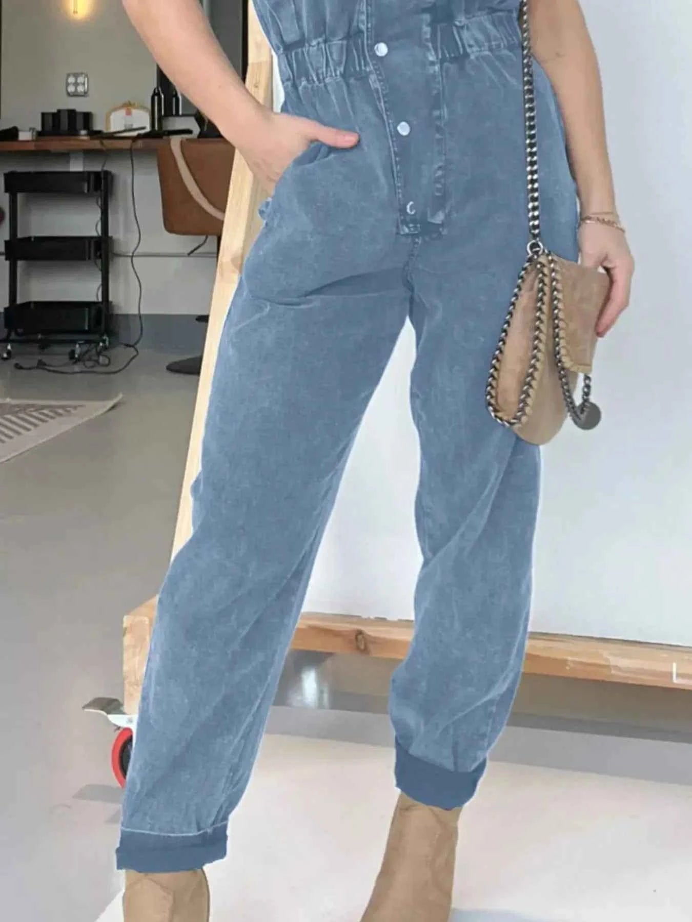 Plus Size Button Front Cap Sleeve Denim Jumpsuit.
