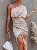 One-Shoulder Satin Wrap Dress with Side Slit.