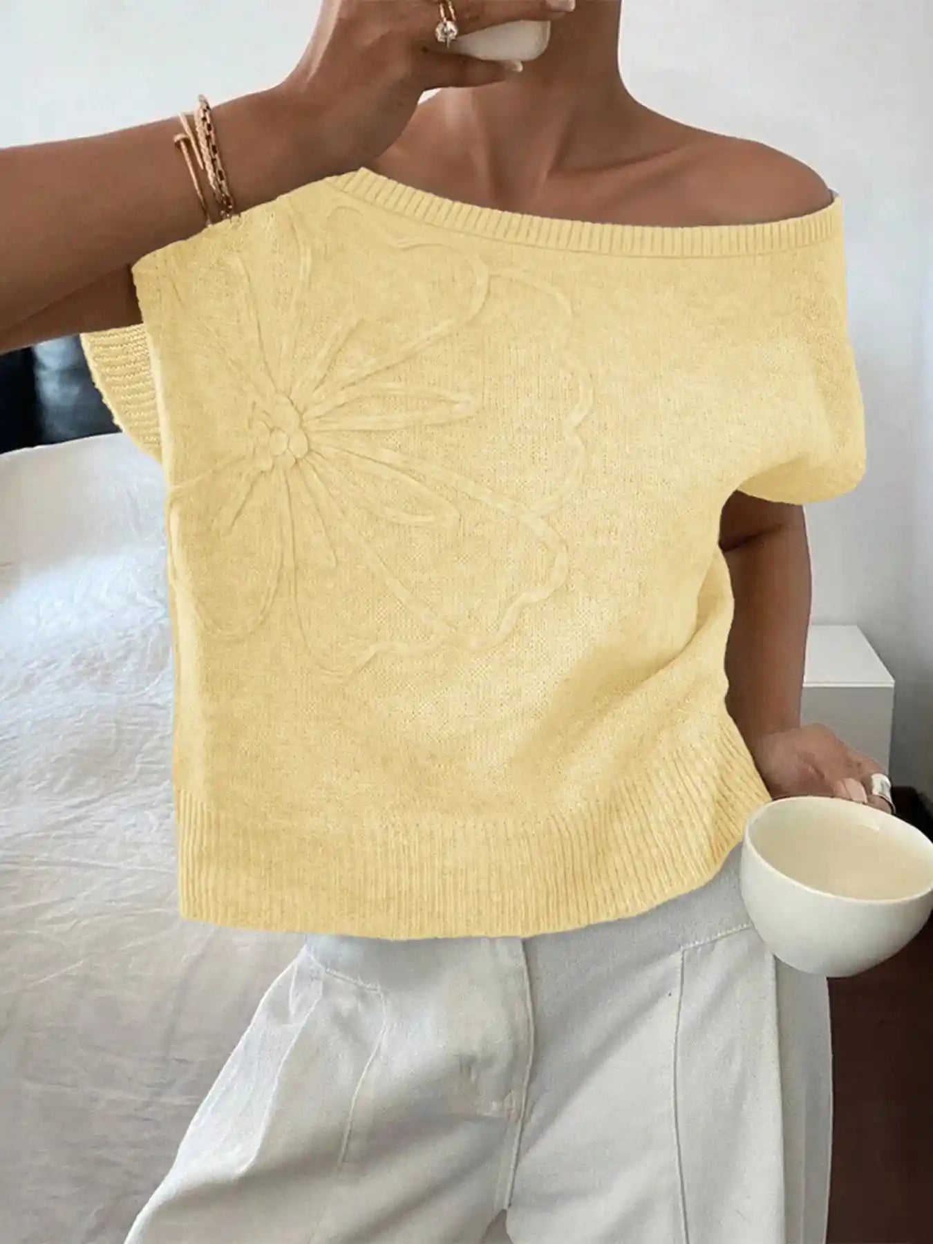 Ribbed Hem Boat Neck Sweater.