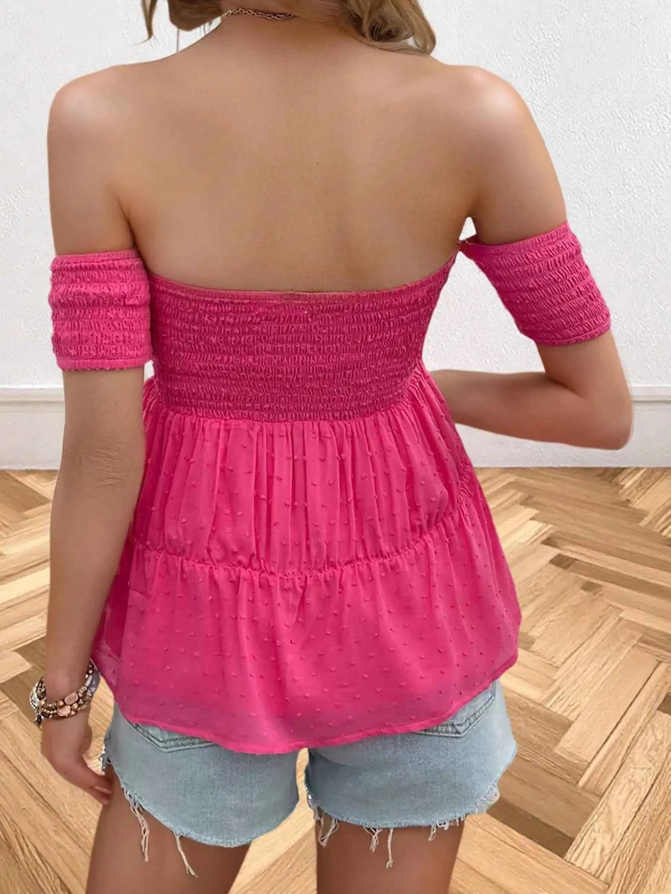 Off-Shoulder Smocked Bow-Tie Blouse.