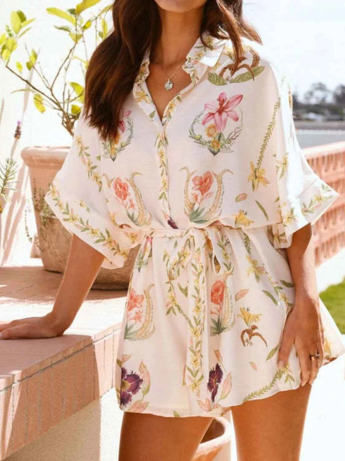 Printed Tie Waist Half Sleeve Romper.