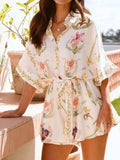 Printed Tie Waist Half Sleeve Romper.
