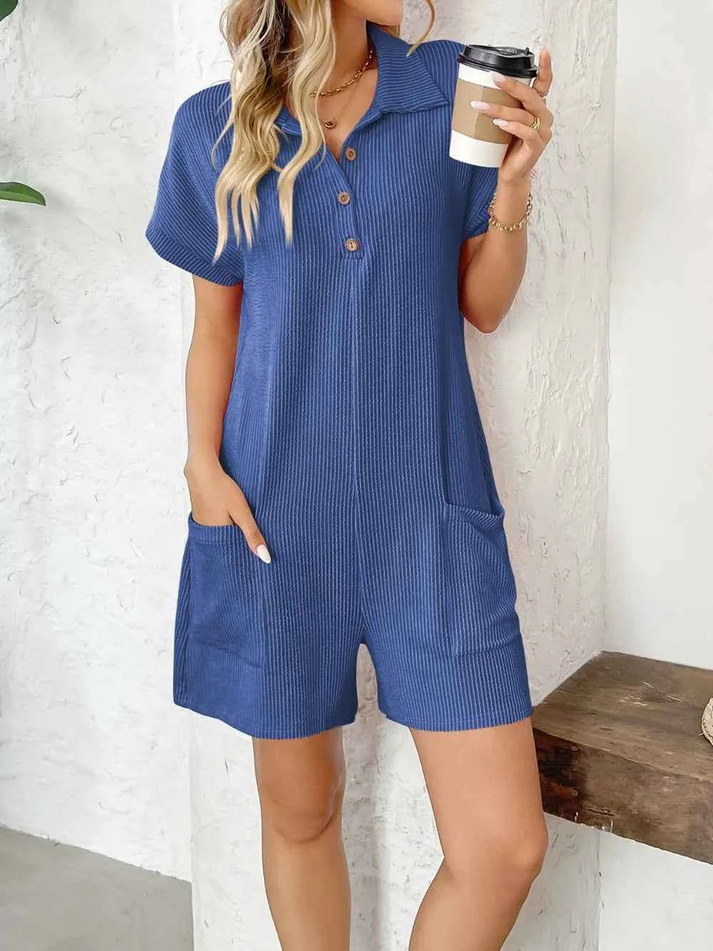 Button Detail Collared Neck Short Sleeve Romper.