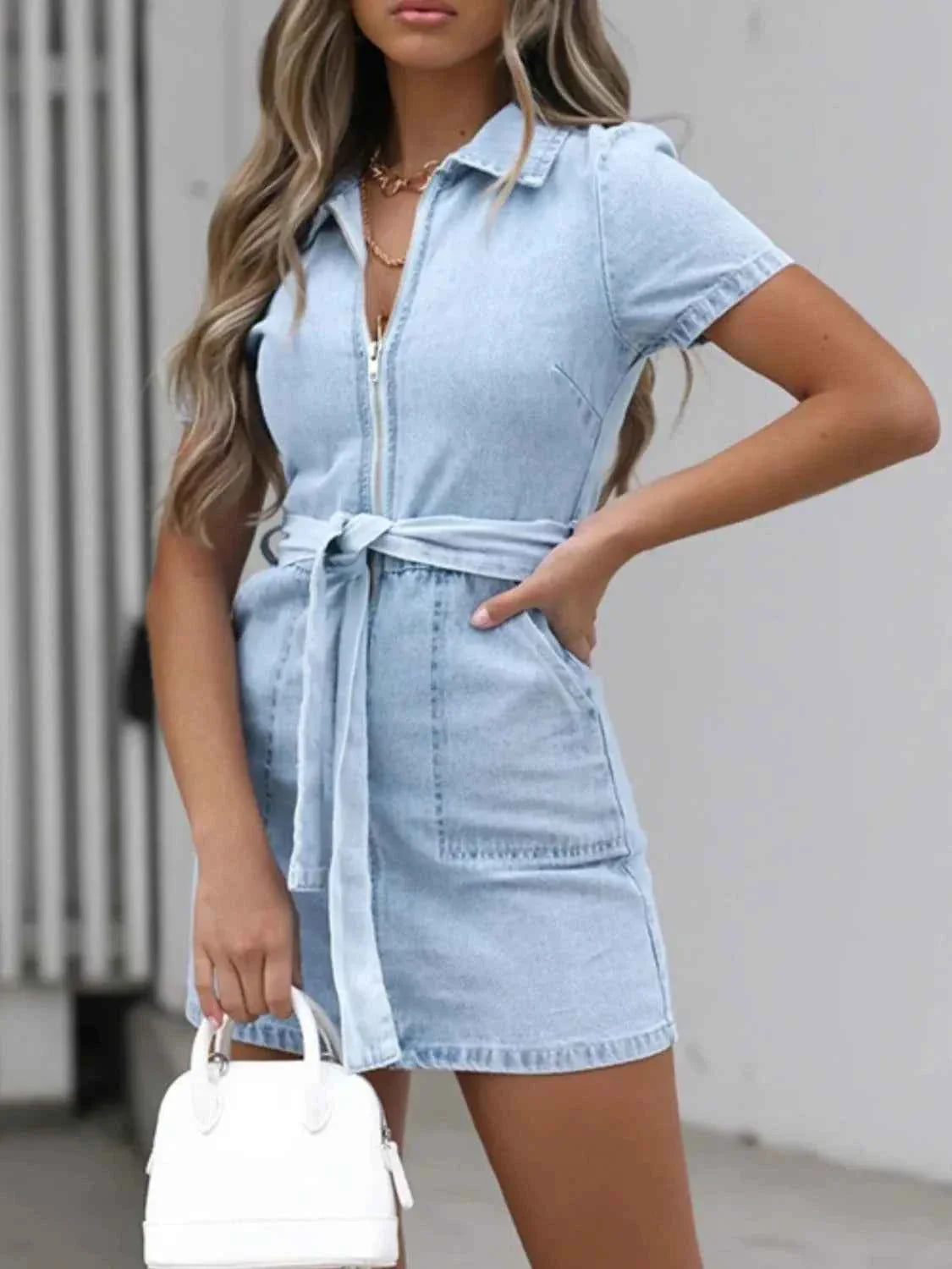 Plus Size Zip Front Short Sleeve Denim Dress.