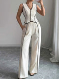 Contrast Trim V-Neck Vest and Pants Set.
