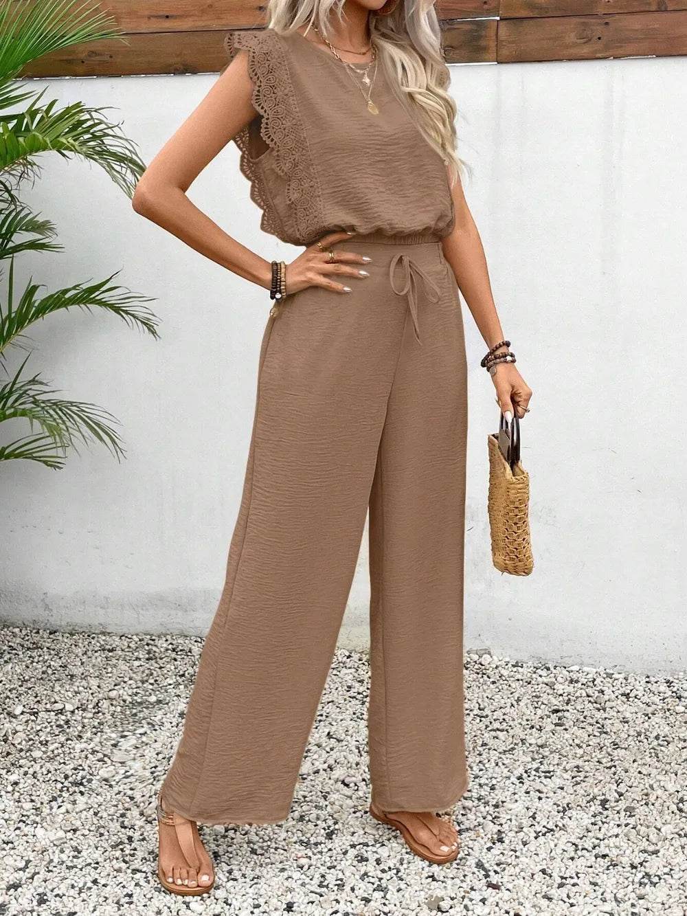 Lace Trim Round Neck Top and Pants Set - EBYNN