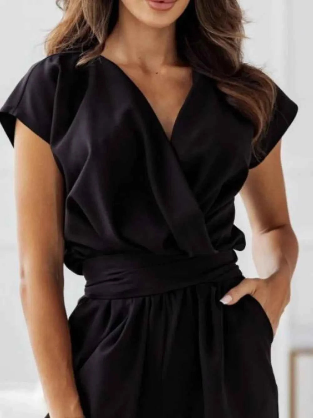 Surplice Cap Sleeve Tie Waist Jumpsuit.