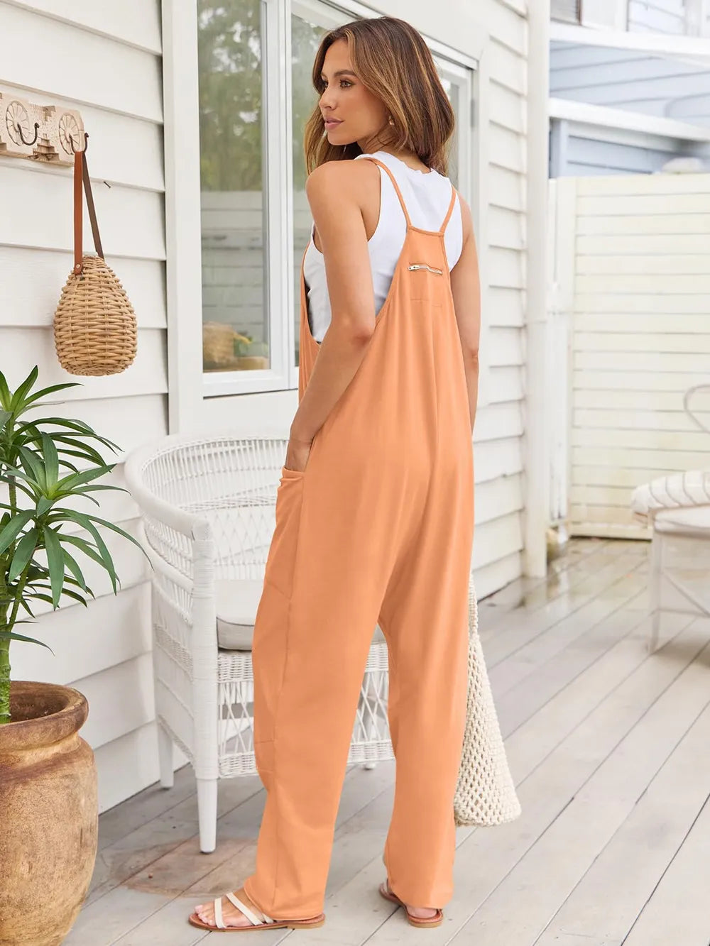 V-Neck Spaghetti Strap Pocketed Jumpsuit.