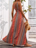 Tied Back Printed Sleeveless Maxi Dress with Slit.