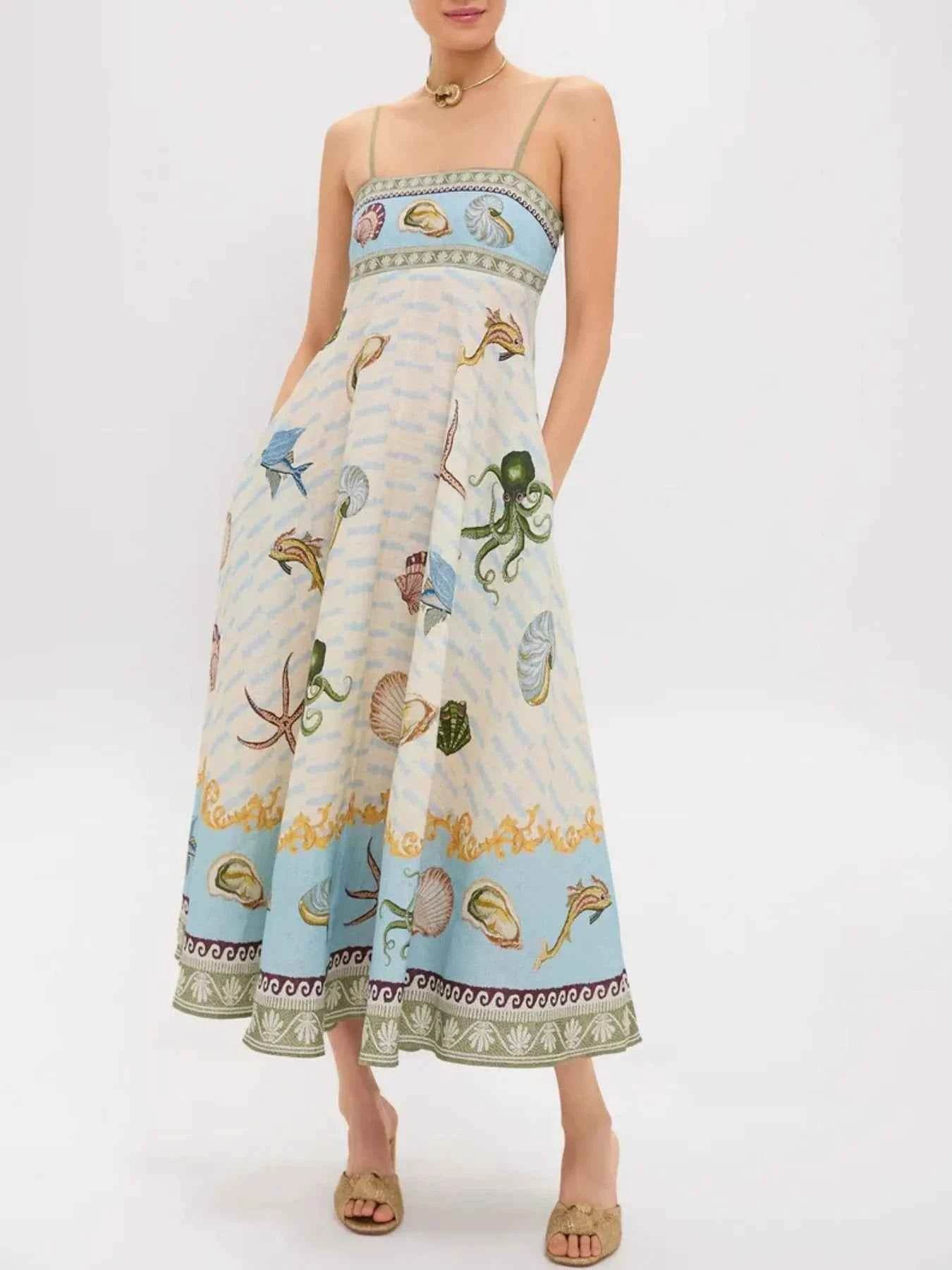 Ocean Print Spaghetti Strap Midi Dress.