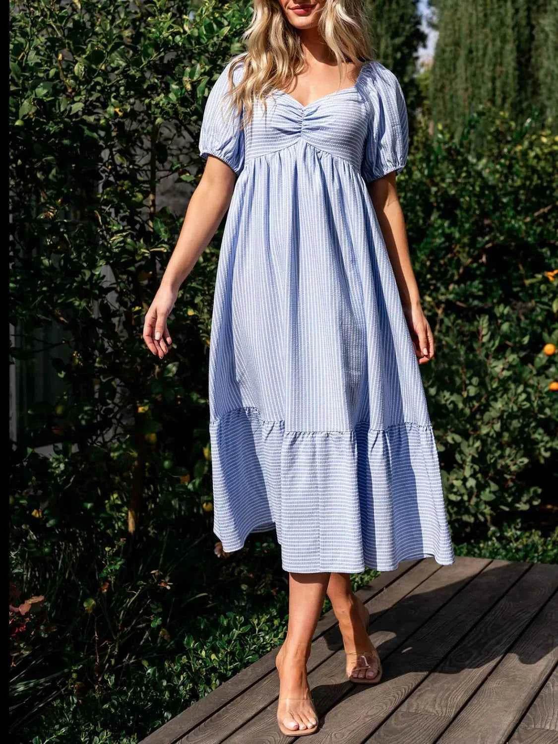 Striped Sweetheart Neck Puff Sleeve Midi Dress.